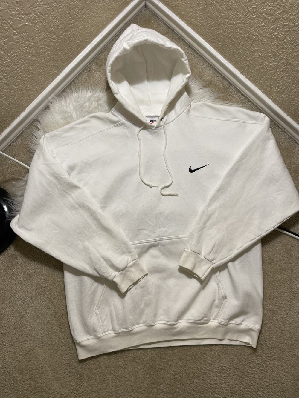 Vintage 90s Nike Hoodie Made in USA XL White Mini Swoosh Pullover Sweatshirt